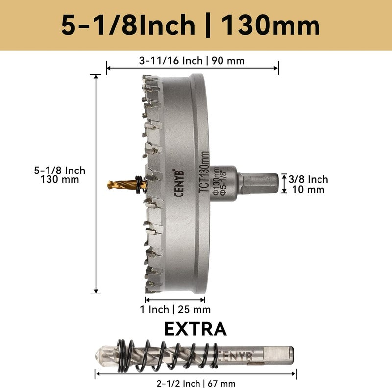 cenyb 5-1/8" (130mm) Tungsten Carbide Tipped Hole Saw with 2Pcs Titanium-Plated Pilot Drill Bits for Hard Metal,Stainless Steel,Iron,Aluminum Alloy,Wood and Plastic - Image 2